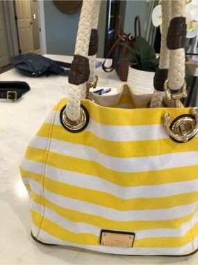 Michael Kors Yellow and White Striped Rope-Handle Tote